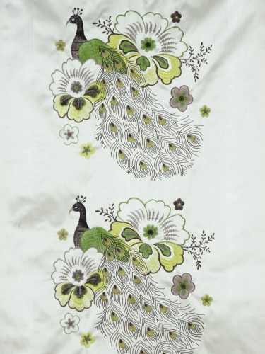 Silver Beach Embroidered Peacocks Tab Top Faux Silk Curtains (Color: Pear)