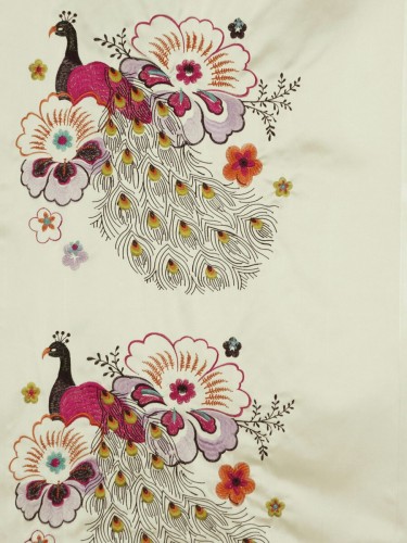 Silver Beach Embroidered Peacocks Fabric Sample (Color: Magenta)