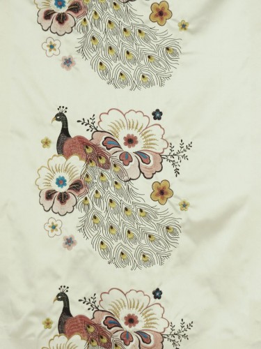 Silver Beach Embroidered Peacocks Eyelet Faux Silk Curtains (Color: Deep cerise)