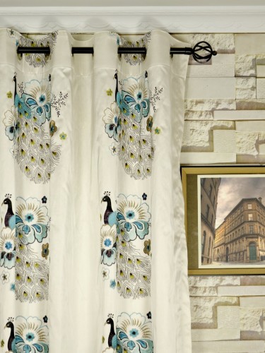 Silver Beach Embroidered Peacocks Eyelet Faux Silk Curtains Heading Style