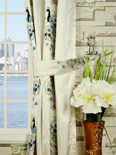 Silver Beach Embroidered Peacocks Eyelet Faux Silk Curtains Decorative Tiebacks