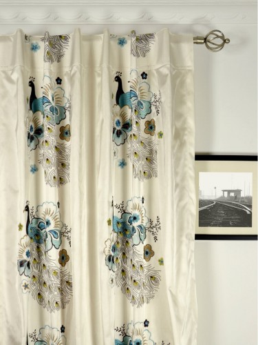 Silver Beach Embroidered Peacocks Faux Silk Custom Made Curtains (Heading: Concealed Tab Top)