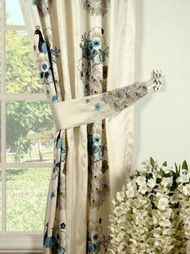 Silver Beach Embroidered Peacocks Concealed Tab Top Faux Silk Curtains Decorative Tiebacks