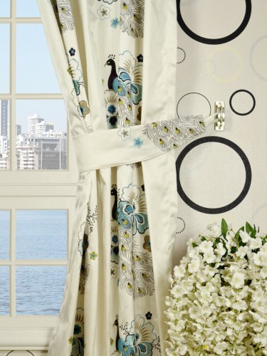 Silver Beach Embroidered Peacocks Single Pinch Pleat Faux Silk Curtains Decorative Tiebacks