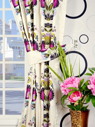 Silver Beach Embroidered Blossom Concealed Tab Top Faux Silk Curtains Decorative Tiebacks