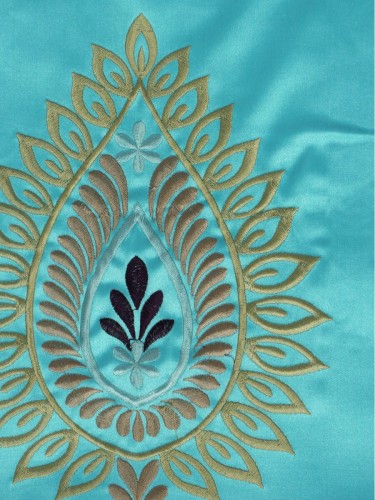 Silver Beach Embroidered Extravagant Goblet Faux Silk Curtains (Color: Aqua)