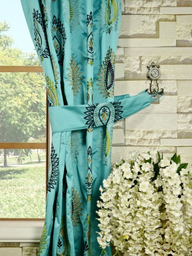 Silver Beach Embroidered Extravagant Versatile Pleat Faux Silk Curtains Decorative Tiebacks