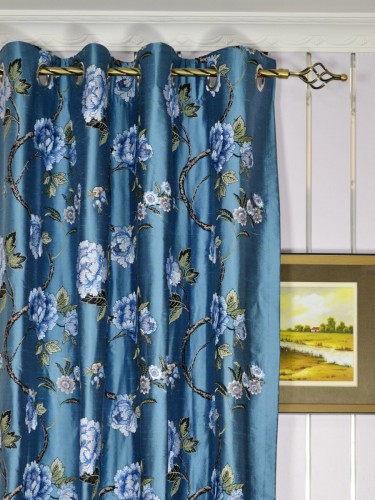 Halo Embroidered Elegant Peony Dupioni Silk Custom Made Curtains (Heading: Eyelet)