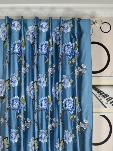 Halo Embroidered Elegant Peony Dupioni Silk Custom Made Curtains (Heading: Concealed Tab Top)