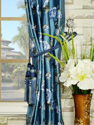 Halo Embroidered Peony Single Pinch Pleat Dupioni Silk Curtains Tassel Tiebacks