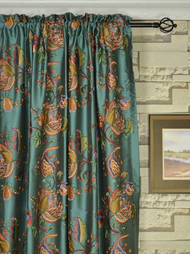 Halo Embroidered Multi-color Scenery Dupioni Silk Rod Pocket Curtain Heading Style