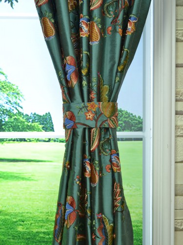 Halo Embroidered Multi-color Scenery Dupioni Silk Rod Pocket Curtain (Color: Teal green)