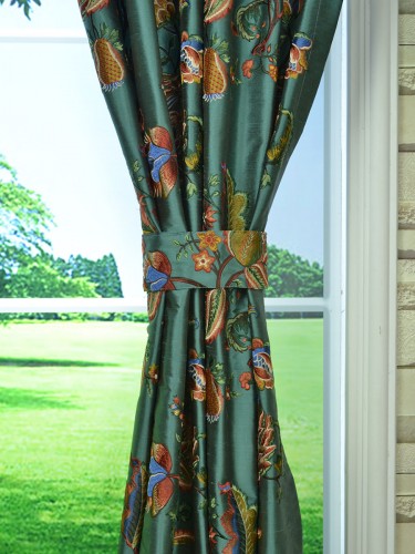 Halo Embroidered Multi-color Scenery Dupioni Silk Custom Made Curtains (Color: Teal green)