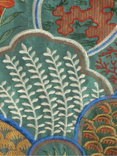 Halo Embroidered Lively Plants Dupioni Silk Fabrics (Color: Teal green)