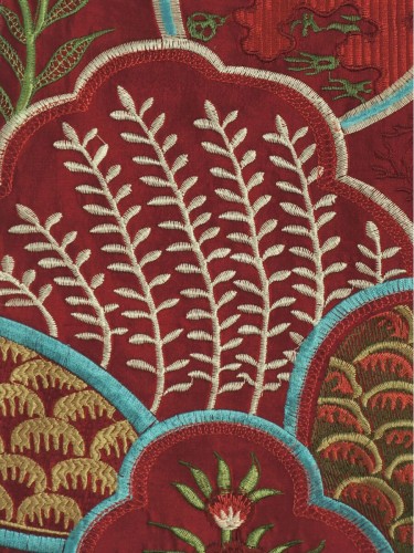 Halo Embroidered Lively Plants Dupioni Silk Fabric Sample (Color: Burgundy)