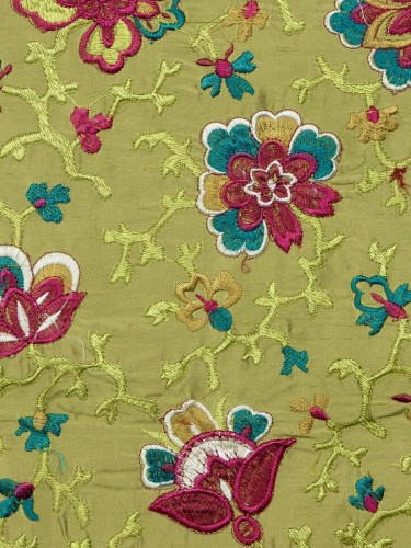 Halo Embroidered Elegant Design Dupioni Silk Fabric Sample (Color: Olive)