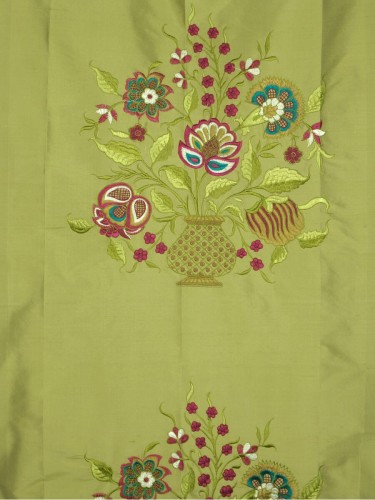 Halo Embroidered Vase Dupioni Silk Fabric Sample (Color: Olive)