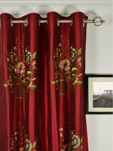 Halo Embroidered Vase Dupioni Silk Custom Made Curtains (Heading: Eyelet)