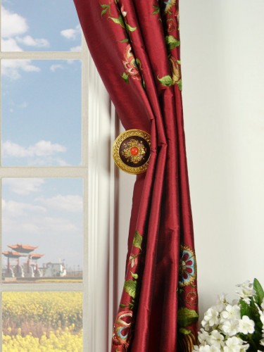 Halo Embroidered Vase Eyelet Dupioni Silk Curtains Holdbacks