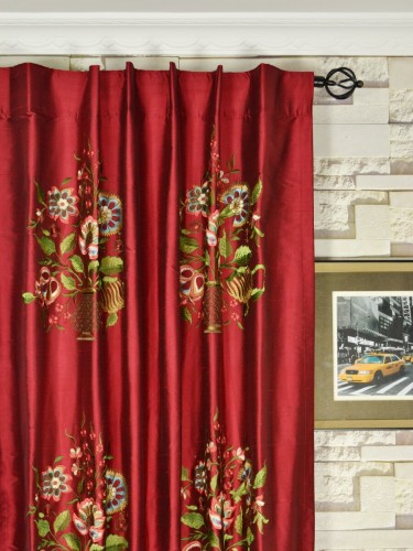 Halo Embroidered Vase Dupioni Silk Custom Made Curtains (Heading: Concealed Tab Top)