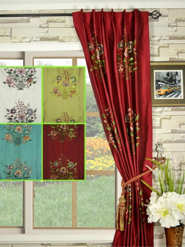 Halo Embroidered Vase Concealed Tab Top Dupioni Silk Curtains