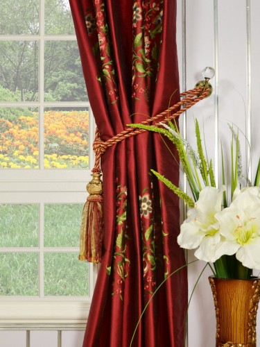 Halo Embroidered Vase Single Pinch Pleat Dupioni Silk Curtains Tassel Tiebacks