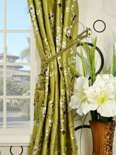 Halo Embroidered Four-leaf Clovers Triple Pinch Pleat Dupioni Silk Curtains Tassel Tiebacks