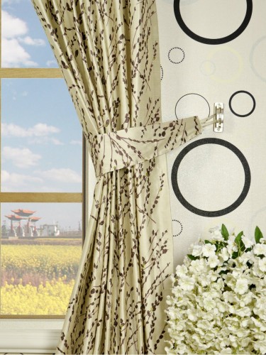 Halo Trendy Embroidered Plants Rod Pocket Dupioni Silk Curtains Decorative Tiebacks