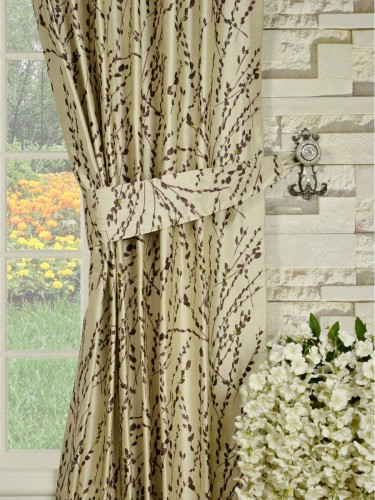 Halo Trendy Embroidered Plants Concealed Tab Top Dupioni Silk Curtains Decorative Tiebacks