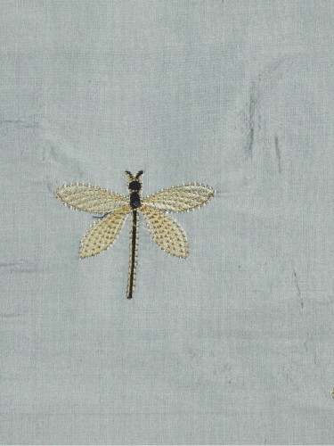 Halo Embroidered Dragonflies Double Pinch Pleat Dupioni Silk Curtains (Color: Ash grey)