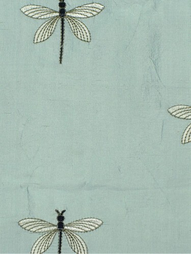 Halo Embroidered Dragonflies Rod Pocket Dupioni Silk Curtains (Color: Magic mint)