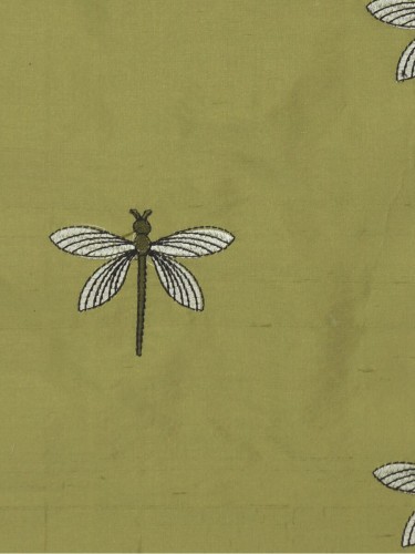Halo Embroidered Dragonflies Dupioni Silk Fabric Sample (Color: Olive)