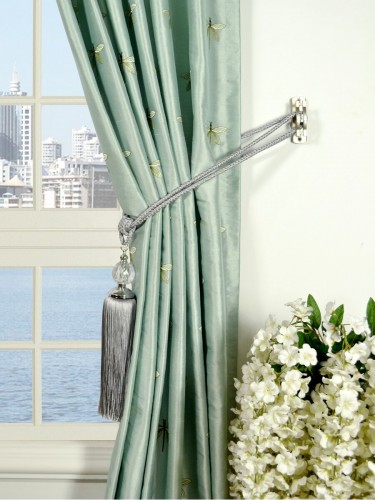 Halo Embroidered Dragonflies Rod Pocket Dupioni Silk Curtains Tassel Tiebacks