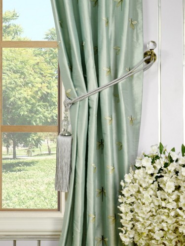 Halo Embroidered Dragonflies Triple Pinch Pleat Dupioni Silk Curtains Tassel Tiebacks