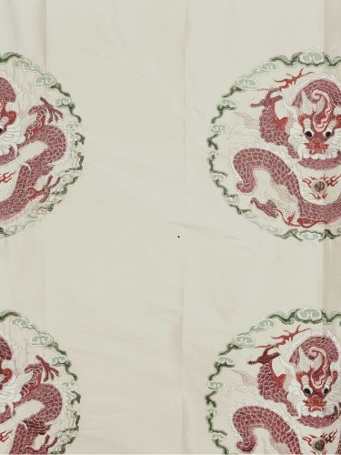 Halo Embroidered Chinese-inspired Dragon Motif Dupioni Silk Fabrics (Color: Linen)