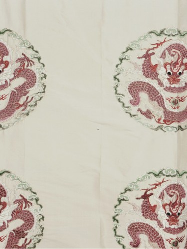 Halo Embroidered Chinese-inspired Dragon Motif Dupioni Silk Fabric Sample (Color: Linen)