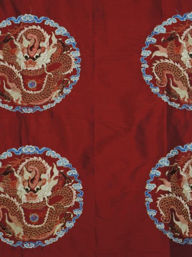 Halo Embroidered Chinese-inspired Dragon Motif Dupioni Silk Fabric Sample (Color: Burgundy)