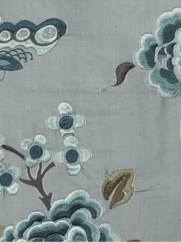 Halo Embroidered Hollyhocks Dupioni Silk Fabric Sample (Color: Ash grey)