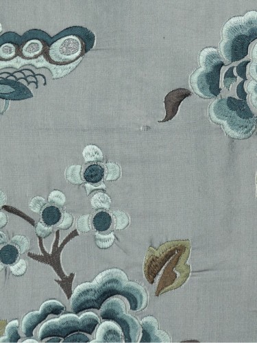 Halo Embroidered Hollyhocks Dupioni Silk Fabrics (Color: Ash grey)