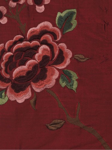 Halo Embroidered Hollyhocks Dupioni Silk Fabrics (Color: Burgundy)