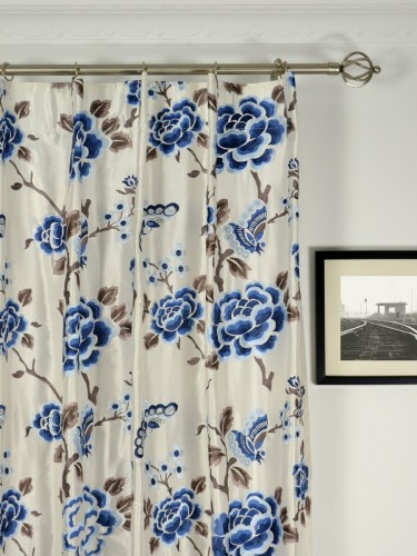 Halo Embroidered Hollyhocks Dupioni Silk Custom Made Curtains (Heading: Single Pinch Pleat)