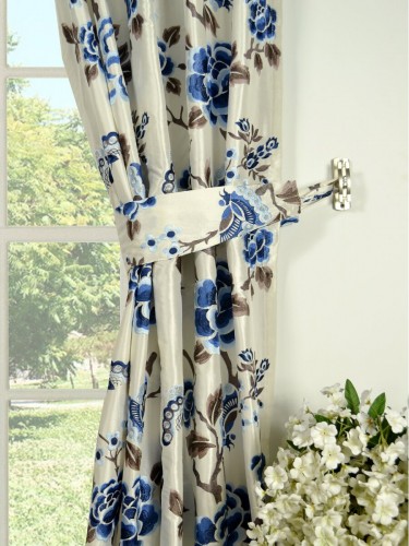 Halo Embroidered Hollyhocks Single Pinch Pleat Dupioni Silk Curtains Decorative Tiebacks