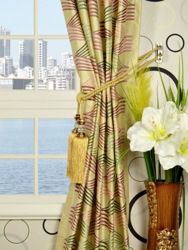 Halo Embroidered Ripple-shaped Triple Pinch Pleat Dupioni Silk Curtains Tassel Tiebacks