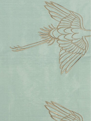 Halo Embroidered Cranes Dupioni Silk Fabric Sample (Color: Magic mint)