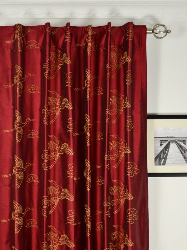 Halo Embroidered Cranes Dupioni Silk Custom Made Curtains (Heading: Concealed Tab Top)