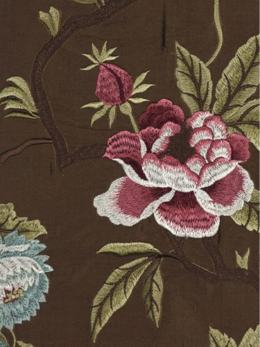 Halo Embroidered Camellias Dupioni Silk Fabrics (Color: Chocolate)