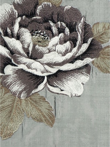 Rainbow Embroidered Plush Peonies Dupioni Silk Fabric Sample (Color: Cadet grey)