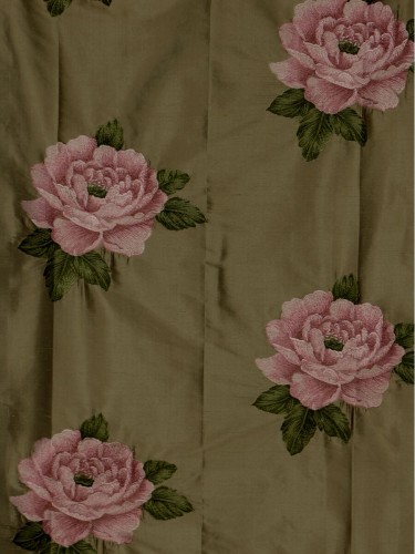 Rainbow Embroidered Plush Peonies Dupioni Silk Fabric Sample (Color: Brown)