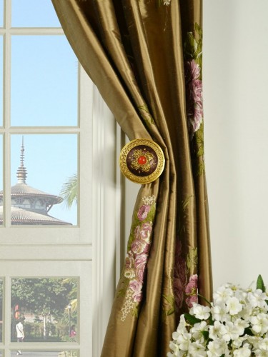 Rainbow Embroidered Camellia Versatile Pleat Dupioni Curtains Holdbacks