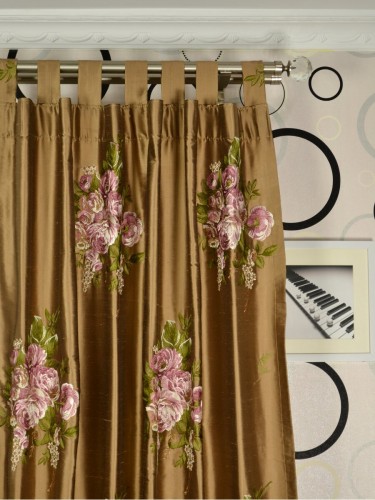 Rainbow Embroidered Camellia Dupioni Custom Made Curtains (Heading: Tab Top)